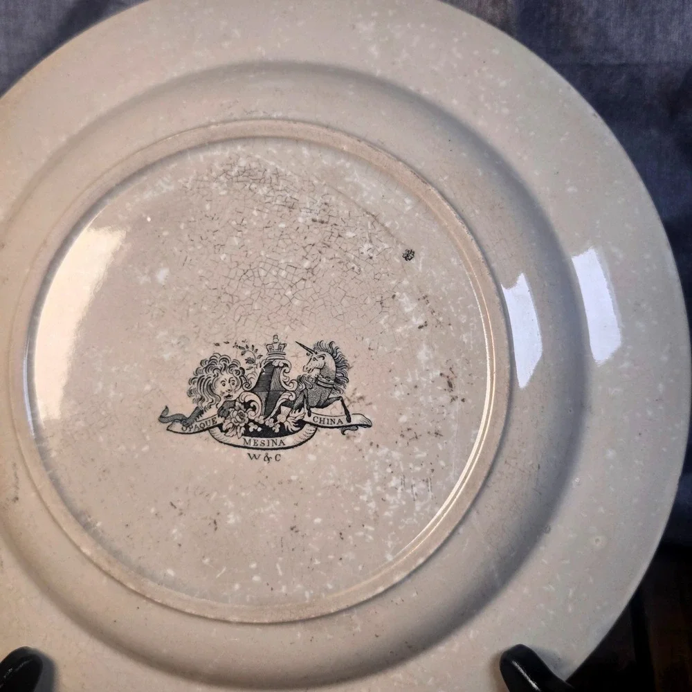 Antique Wood Challinor Staffordshire Mesina Plate Black Transferware Romantic